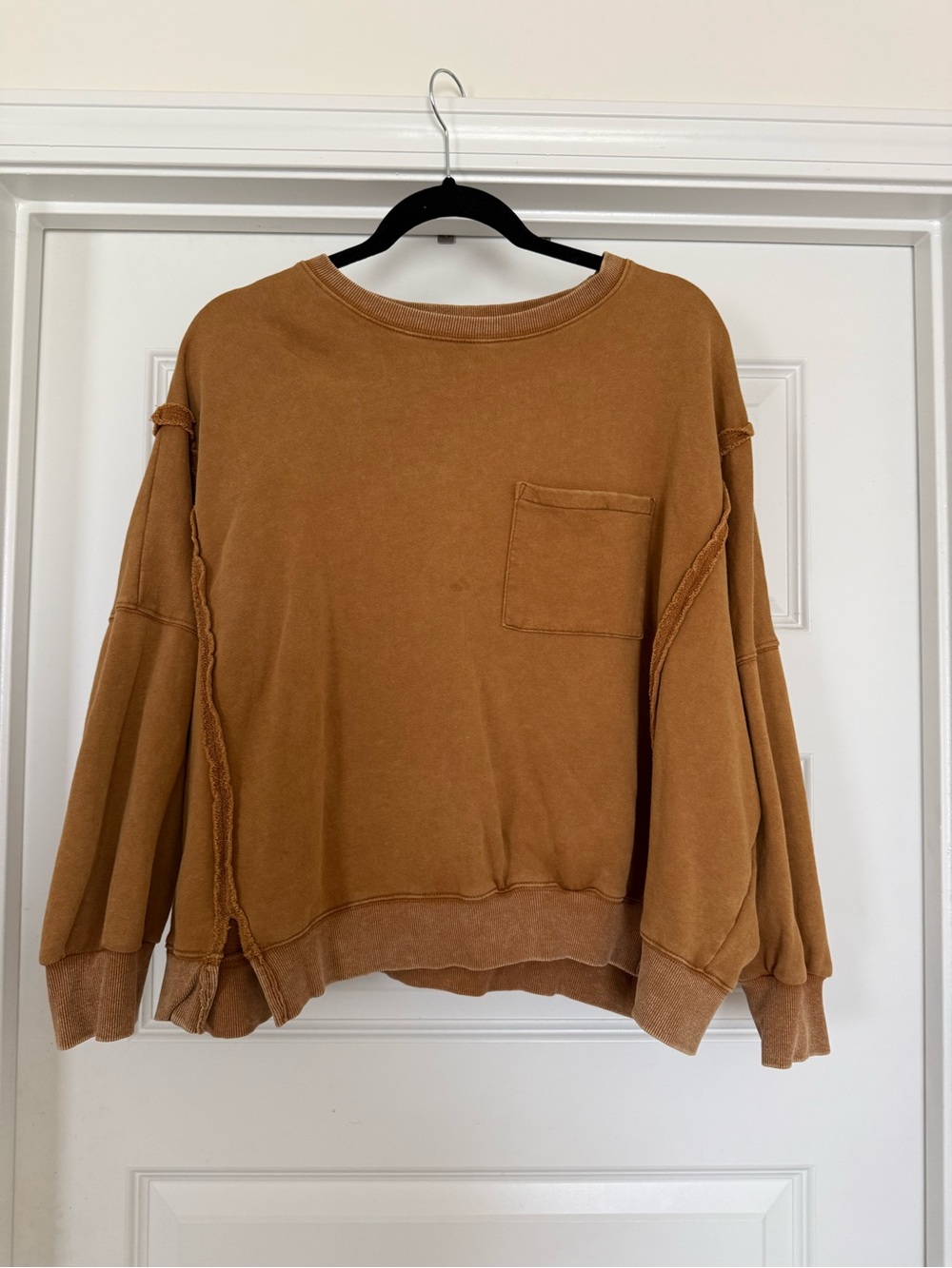 Relaxed Boxy Destressed Pocket Sweatshirt - Brown